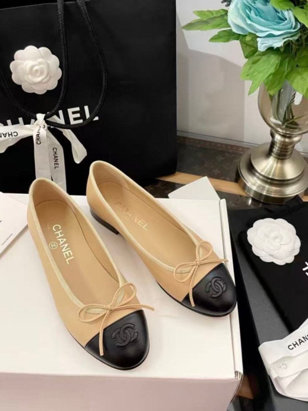 CHANEL Classic Beige & Black Two‑Tone CC Ballet Flats